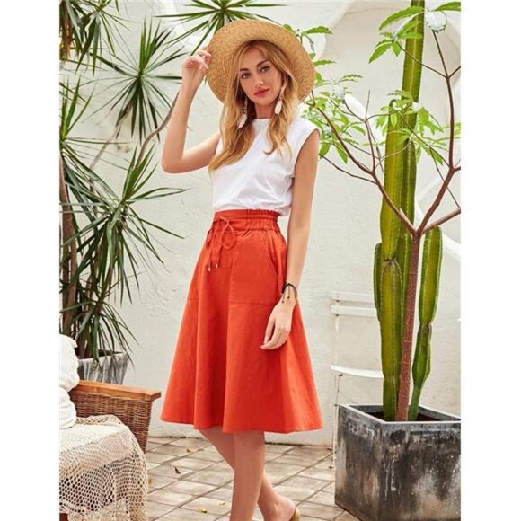 Women Casual Cotton Linen Skirts Frill Tie Waist A-Line Midi Skirt - Picture 3 of 14